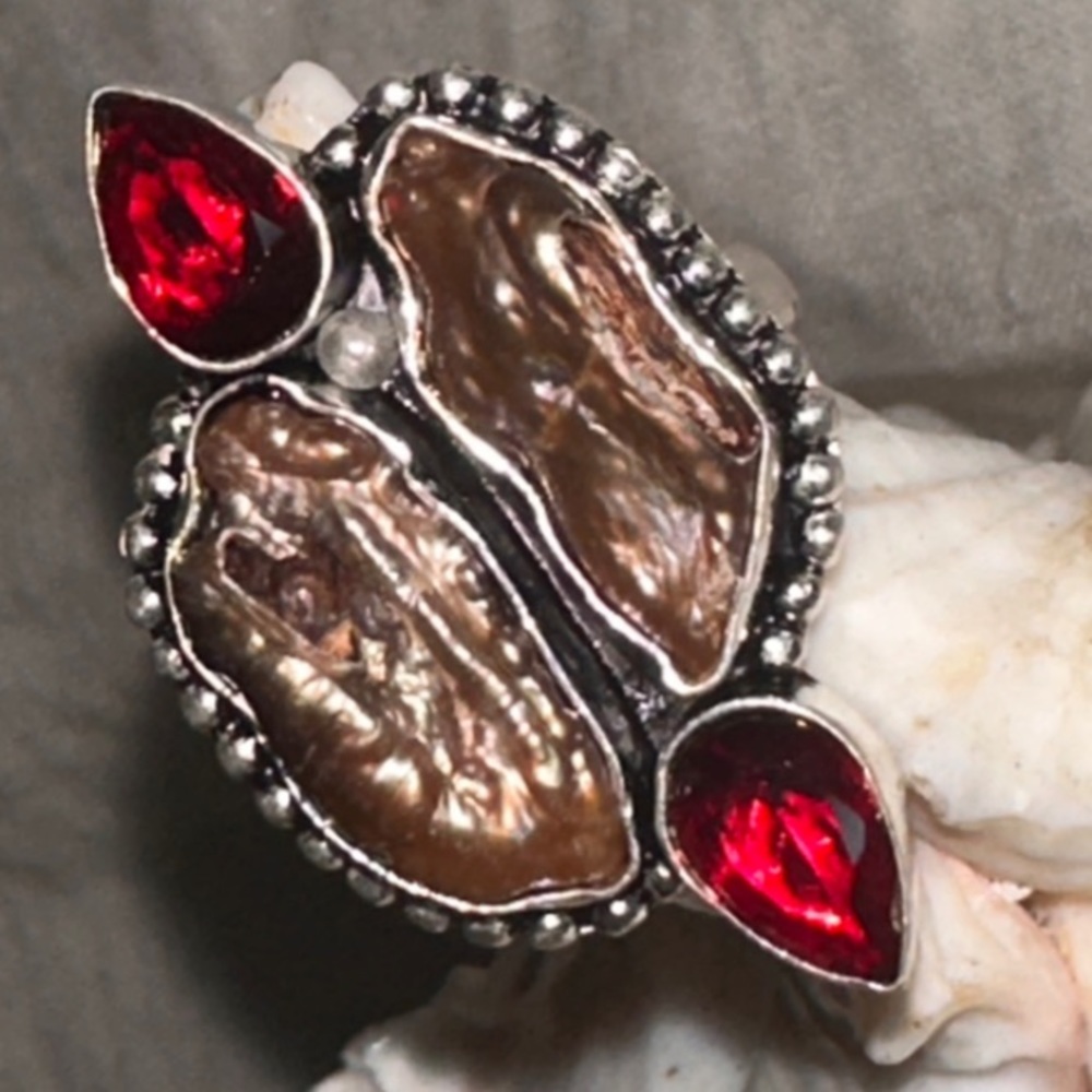 Biwa Pearl + Mozambique Garnet multi gem handcrafted Renaissance ring